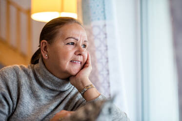 Close-up portrait of senior woman sitting by window indoors at home, looking out. Copy space. - HPIF15551