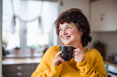 Porträt einer älteren Frau mit einer Tasse Kaffee zu Hause, beim Entspannen. - HPIF15557