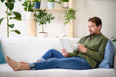 Happy man sitting on sofa and reading book at home, lockdown concept. - HPIF15697