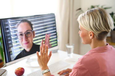 Junge Geschäftsfrau führt einen Videogespräch am Computer im Heimbüro und begrüßt einen Kollegen. - HPIF15734