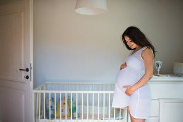 Porträt einer glücklichen schwangeren Frau zu Hause, die ihren Bauch berührt, Kopierraum. - HPIF15808