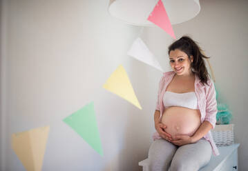 Porträt einer glücklichen schwangeren Frau zu Hause, die ihren Bauch berührt, Kopierraum. - HPIF15866