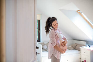 Porträt einer glücklichen schwangeren Frau zu Hause, die ihren Bauch berührt, Kopierraum. - HPIF15874