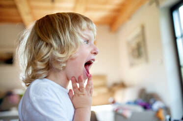 Seitenansicht Porträt eines kleinen Jungen mit offenem Mund im Haus. - HPIF15948