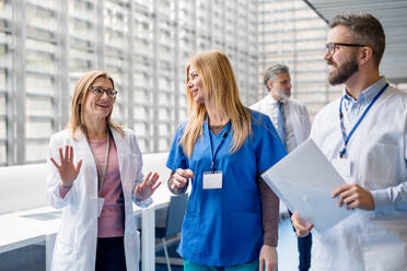 Eine Gruppe von Ärzten geht auf einem Korridor auf einer medizinischen Konferenz und unterhält sich. - HPIF16016