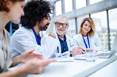 Group of doctors with laptop on medical conference, sitting and talking. - HPIF16085