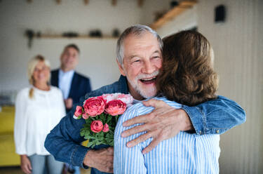 A group of cheerful senior friends at dinner party at home, greeting. - HPIF16251