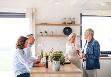 Frontansicht einer Gruppe fröhlicher älterer Freunde bei einer Dinnerparty zu Hause, beim Kochen. - HPIF16258
