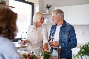 Frontansicht einer Gruppe fröhlicher älterer Freunde bei einer Dinnerparty zu Hause, beim Kochen. - HPIF16259