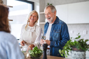 Front view of group of cheerful senior friends at dinner party at home, cooking. - HPIF16260