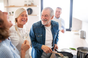 Frontansicht einer Gruppe fröhlicher älterer Freunde bei einer Dinnerparty zu Hause, beim Kochen. - HPIF16263