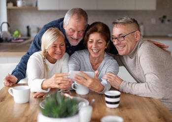 Eine Gruppe älterer Freunde hält einen gemeinsamen Moment fest, indem sie zu Hause ein Selfie mit ihrem Smartphone macht - HPIF16282