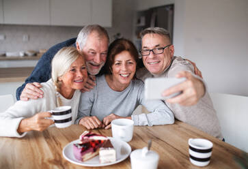 Eine Gruppe glücklicher älterer Freunde, die gemeinsam zu Hause ein Selfie mit einem Smartphone machen - HPIF16283