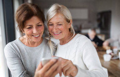 Eine Gruppe älterer Freunde zu Hause, die ein Smartphone benutzen. - HPIF16285