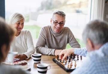 Eine Gruppe fröhlicher älterer Freunde, die zu Hause Brettspiele spielen. - HPIF16289