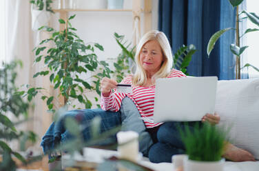 Attraktive ältere Frau mit Laptop und Kreditkarte sitzt drinnen auf dem Sofa, Online-Zahlung Konzept. - HPIF16297