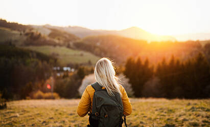 Rückansicht einer älteren Frau, die bei Sonnenuntergang in der Natur spazieren geht, beim Wandern. - HPIF16364