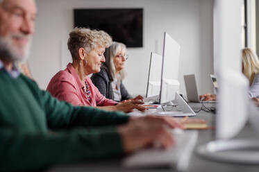 Gruppe älterer Menschen, die an einem Computer- und Technologiekurs teilnehmen und arbeiten. - HPIF16379