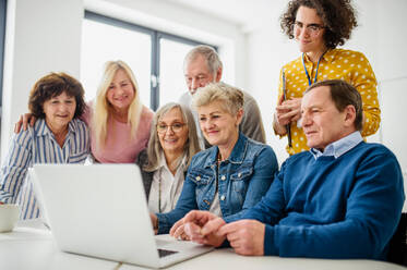 Eine Gruppe fröhlicher älterer Menschen, die einen Computer- und Technologiekurs besuchen. - HPIF16413