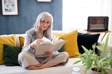 Porträt einer älteren Frau, die zu Hause auf dem Sofa sitzt, sich entspannt und ein Buch liest. - HPIF16421