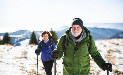 Senior couple with nordic walking poles hiking in snow-covered winter nature, healthy lifestyle concept. - HPIF16475