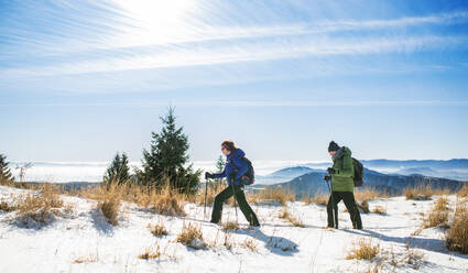 Älteres Paar mit Nordic-Walking-Stöcken beim Wandern in der verschneiten Winternatur, Konzept des gesunden Lebensstils. - HPIF16481