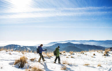 Senior couple with nordic walking poles hiking in snow-covered winter nature, healthy lifestyle concept. - HPIF16483