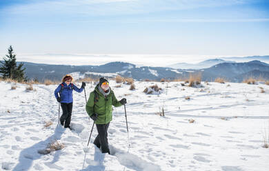 Älteres Paar mit Nordic-Walking-Stöcken beim Wandern in der verschneiten Winternatur, Konzept des gesunden Lebensstils. - HPIF16484