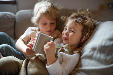 Two small sick children brother and sister at home lying in bed, drinking tea. - HPIF16522