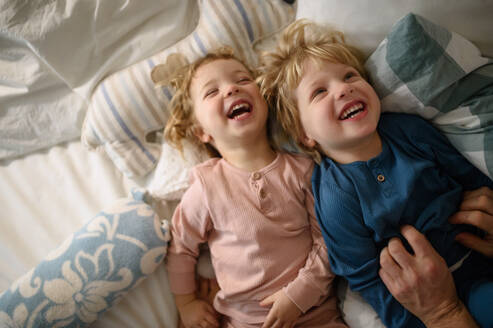 Zwei fröhliche kleine lachende Kinder mit unerkennbarem Vater, die sich zu Hause amüsieren. - HPIF16551
