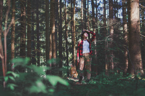 Vorderansicht einer jungen Frau mit einem Hund auf einem Spaziergang im Wald im Sommer in der Natur. - HPIF16588