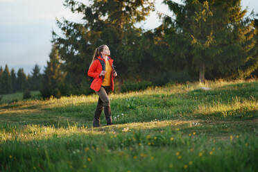 Seitenansicht einer jungen Frau auf einem Spaziergang im Freien auf einer Wiese in der Sommernatur, Wandern. - HPIF16637