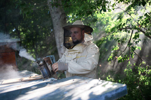 Porträt eines Imkers bei der Arbeit in einem Bienenstock, der einen Bienenräucherofen benutzt. - HPIF16656