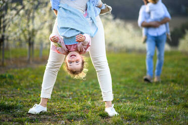 Unerkennbare Mutter hält fröhliche kleine Tochter kopfüber im Freien im Frühling Natur. - HPIF16747