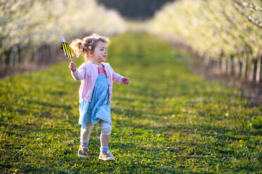 Seitenansicht eines kleinen Mädchens, das im Frühling im Obstgarten läuft und eine Papierbiene hält. - HPIF16750