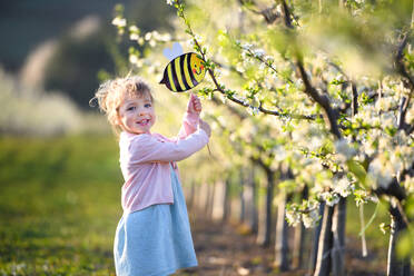 Seitenansicht eines kleinen Mädchens im Obstgarten im Frühling, das eine Papierbiene hält. - HPIF16752