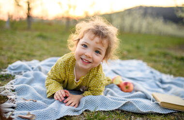 Frontansicht Porträt von kleinen Kleinkind Mädchen im Freien auf Decke im Frühjahr, Blick auf die Kamera. - HPIF16769