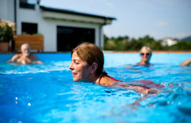 Porträt einer älteren Frau mit Freunden im Schwimmbad im Freien im Hinterhof. - HPIF16871