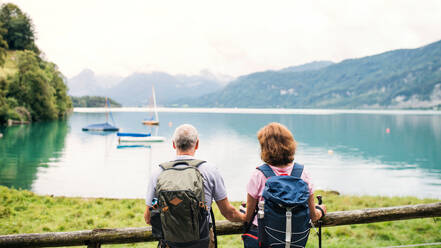 A rear view of senior pensioner couple standing by lake in nature. Copy space. - HPIF17177