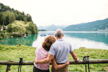 A rear view of senior pensioner couple standing by lake in nature. Copy space. - HPIF17180