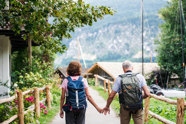 Rückansicht eines älteren Rentnerpaares beim Wandern, Spazierengehen und Händchenhalten. - HPIF17189