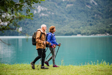 Seitenansicht eines älteren Rentnerpaares, das am See in der Natur wandert und sich unterhält. Raum kopieren. - HPIF17211