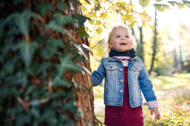 Front view portrait of a happy small toddler girl standing in autumn forest. - HPIF17262