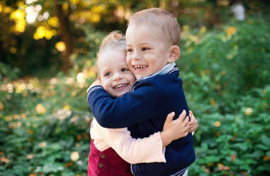 Ein Porträt von Zwillings-Kleinkind-Geschwister Junge und Mädchen stehen im Herbst Wald, umarmen. - HPIF17266