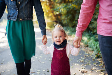 Midsection of young family with small toddler daughter on a walk in autumn forest. - HPIF17271