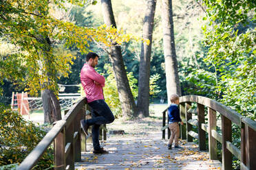 A father with small son on a walk in autumn park, standing on bridge. - HPIF17282