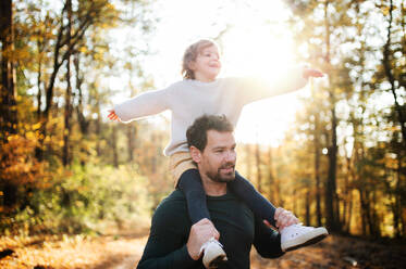 Mature father giving piggyback ride to happy small daughter on a walk in autumn forest. - HPIF17288