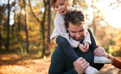 Mature father giving piggyback ride to happy small daughter on a walk in autumn forest. - HPIF17320