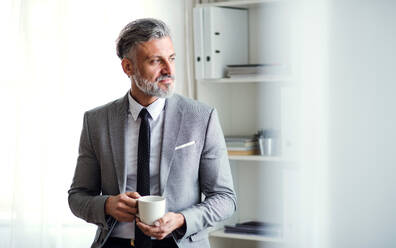 Ein seriöser, reifer Geschäftsmann steht mit einer Tasse Kaffee in der Hand in einem Büro und kopiert den Raum. - HPIF17357