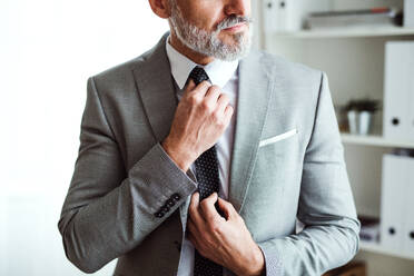 Ein unkenntlicher reifer Geschäftsmann steht in einem Büro und hält eine Krawatte. - HPIF17363